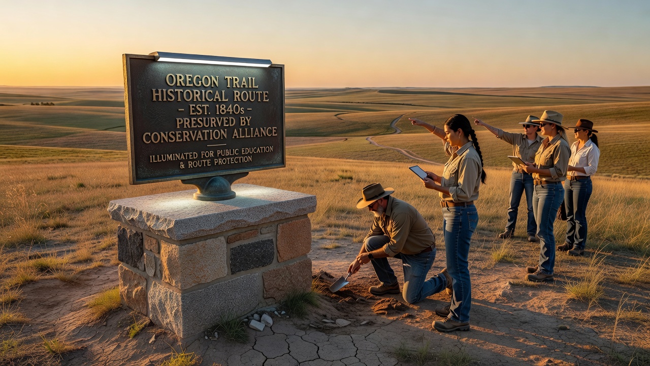 Volunteers and historians installing new markers on preserved pioneer routes during a conservation project