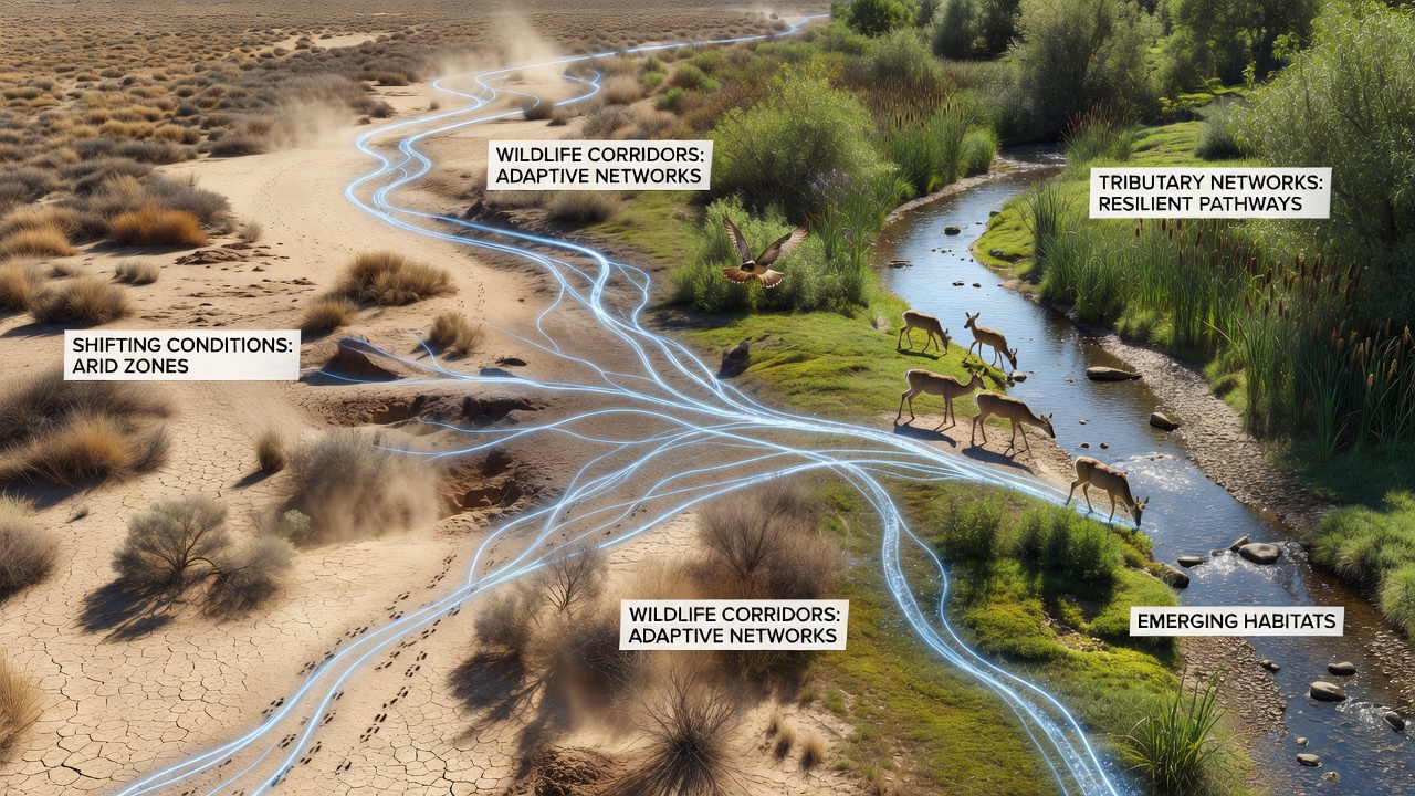 Ground-level view of a narrow wildlife corridor along a reconnected tributary with animal tracks visible